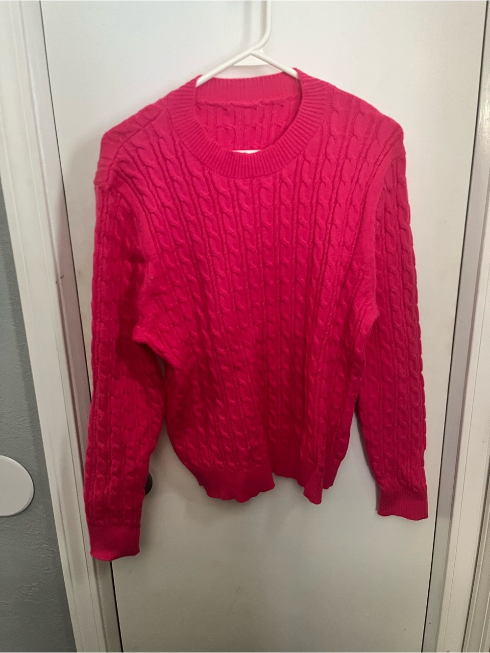 Bright Pink Cable Knit Crewneck Sweater